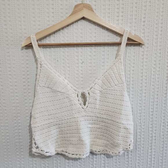 American Eagle Ivory Crochet Knit Crop Top Boho Festival Tank Women’s Size Large - Picture 4 of 11
